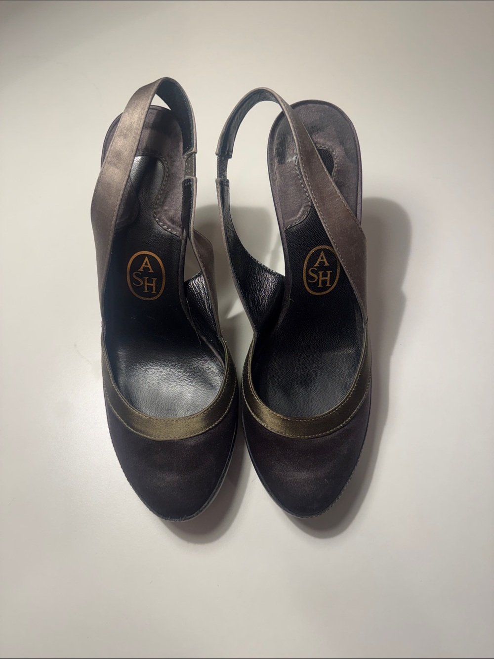 ASH Brown Suede Slingback Heels with Olive Metallic Trim